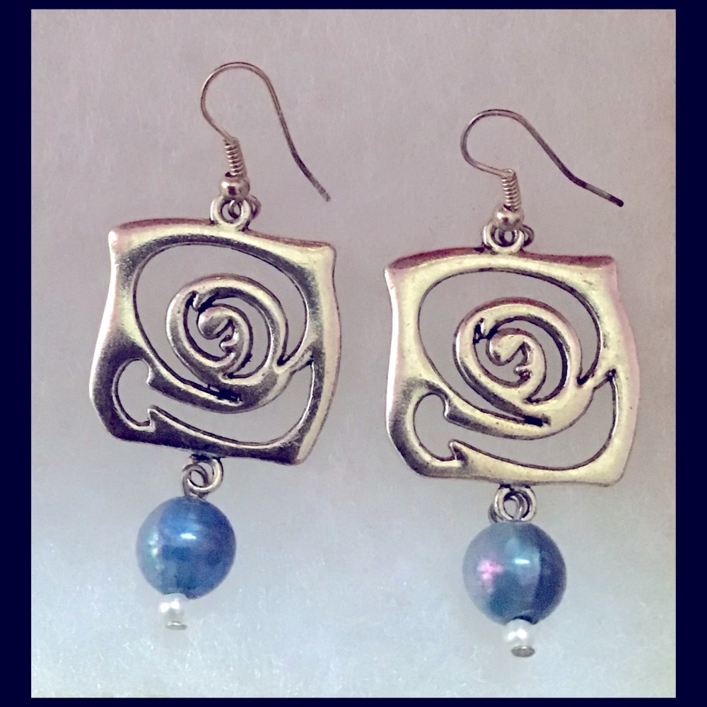 1 3/4” Handmade Silver Charm & Bead Earrings